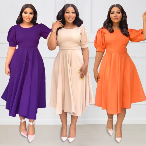 Solid Puff Sleeve Button Back A-Line Cutout Long Dress