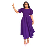 Solid Puff Sleeve Button Back A-Line Cutout Long Dress