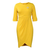 Elegant Half Sleeve Ruched Office Dress with Brooch