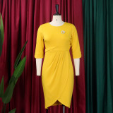 Elegant Half Sleeve Ruched Office Dress with Brooch