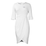 Elegant Half Sleeve Ruched Office Dress with Brooch