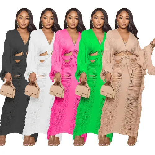 Knit Beachwear Two Piece Hollow Out Long Sleeve Top and Long Skirt Set