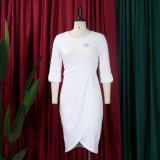 Elegant Half Sleeve Ruched Office Dress with Brooch