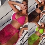 Solid Three-Piece Swimwear Fishnet Cover-Up Skirt with Bikini Set
