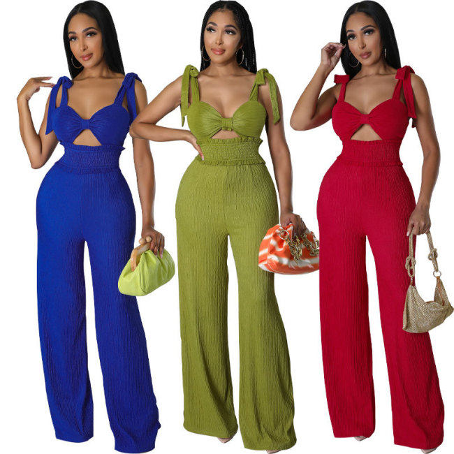 Cutout Tie Shoulder Sleeveless Solid Jumpsuit