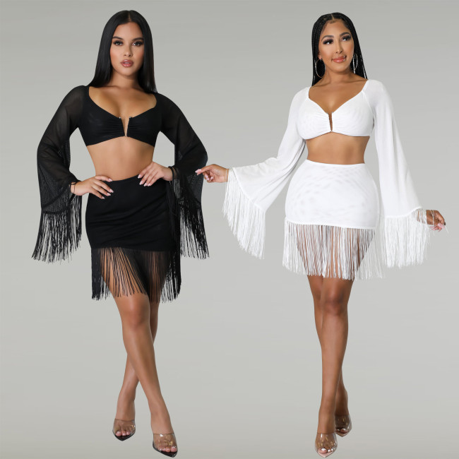 Solid V-Bar Tassel Crop Top Mesh Two Piece Skirt Set