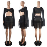 Solid V-Bar Tassel Crop Top Mesh Two Piece Skirt Set