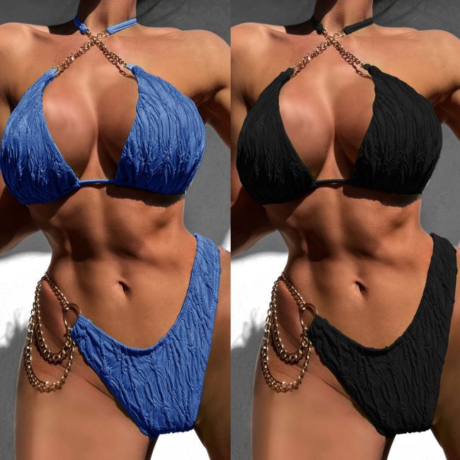 Sexy Chain Solid Halter Two Piece Bikini Set