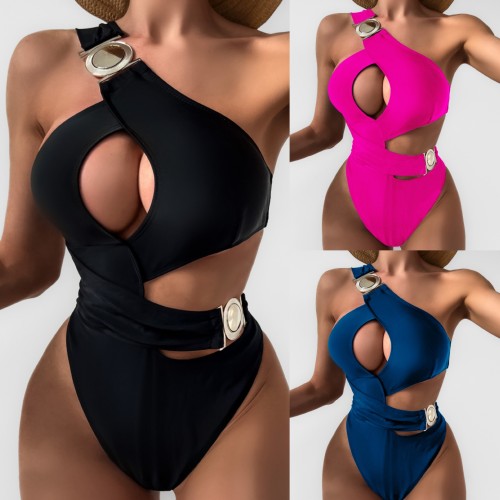 Solid Metal Buckle Sexy One Shoulder One Piece Swimwear