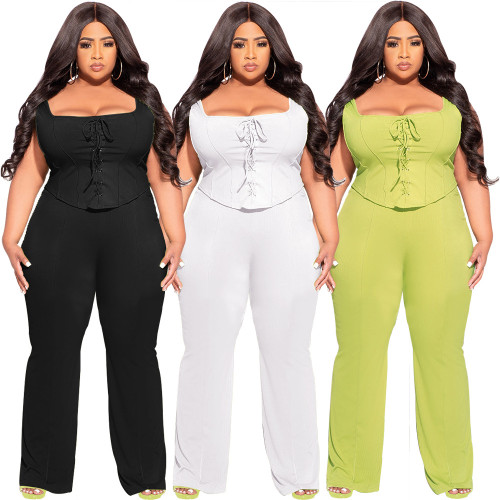 Plus Size Lace Up Tank Top and Pants Two Piece Set
