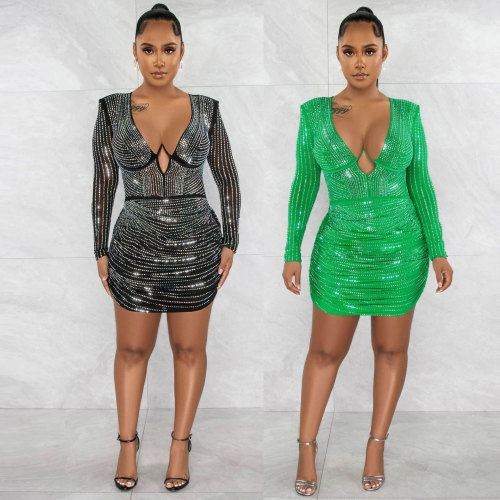 Sexy Rhinestone See-Through Deep V Bodycon Dress