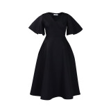 Ladies Flare Sleeve V-Neck Chic Party Dress(without belt)