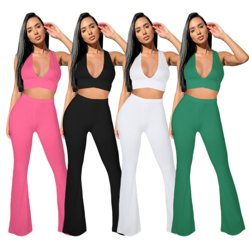 Halter V-Neck Crop Top & Flare Pants Ribbed Two Piece Set