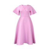 Ladies Flare Sleeve V-Neck Chic Party Dress(without belt)