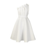 Women's Sexy One Shoulder Ruched High Waisted Ruffle Party Dress
