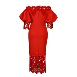 Women's Off Shoulder Puff Sleeve Lace Patchwork Long Party Dress