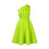 Women's Sexy One Shoulder Ruched High Waisted Ruffle Party Dress