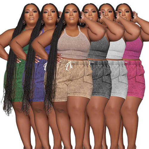 Plus Size Printed Casual Cami Crop Top & Shorts 2PCS Set