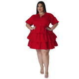 Plus Size Short Sleeve Turndown Collar Layered Dress