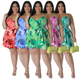 Plus Size Floral Printed V-Neck Tie Waist Camisole Shorts Casual 2PCS Set