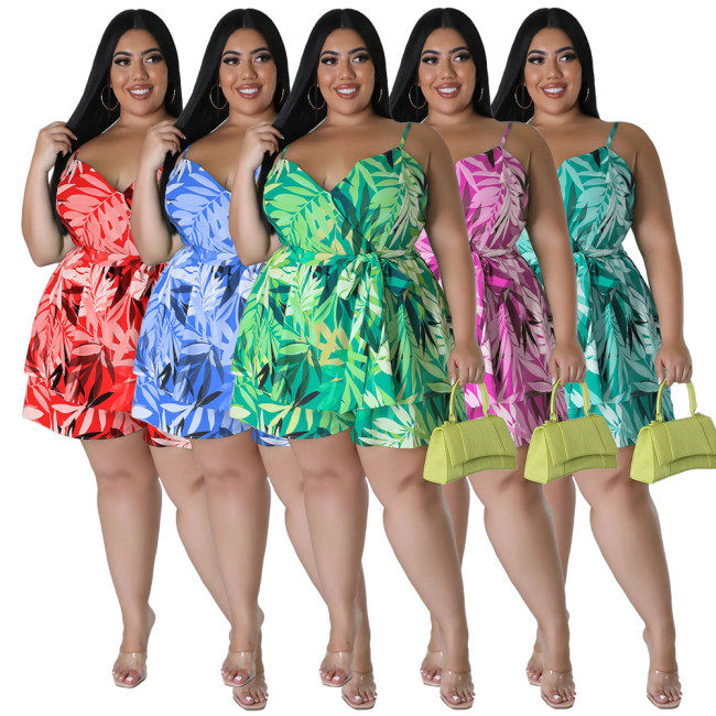 Plus Size Floral Printed V-Neck Tie Waist Camisole Shorts Casual 2PCS Set