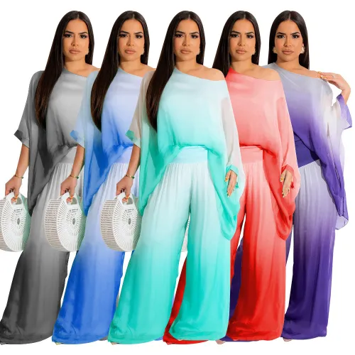 Casual Gradient Tie Dye Bat Sleeves Top and Pants 2PCS Set