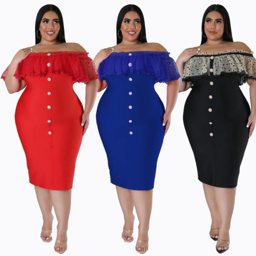 Plus Size Lace Patchwork Off Shoulder Ruffle Midi Dress