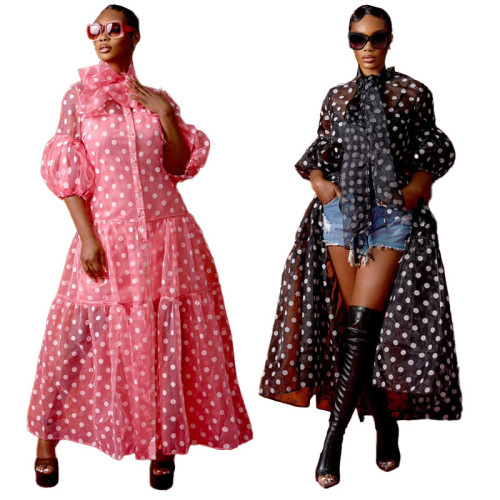 Polka Dot Fashion Dress See Through Button Up Long Shirt Dress