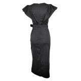 Women's V-Neck Short Sleeve High Waist Slit Office Dress