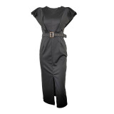 Women's V-Neck Short Sleeve High Waist Slit Office Dress