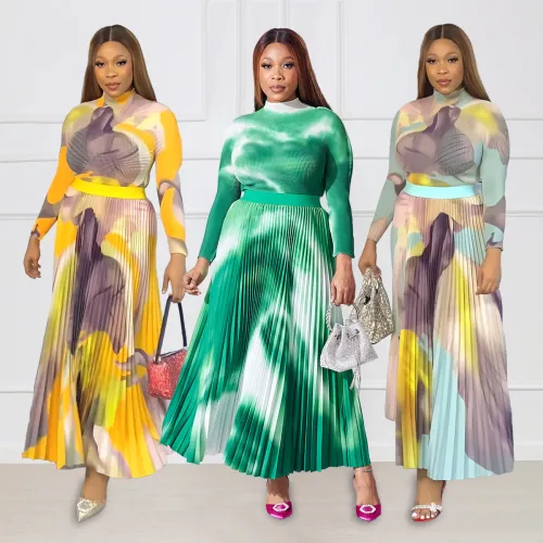 Trendy Print Long Seeve Top Pleated Long Skirt 2PCS Set