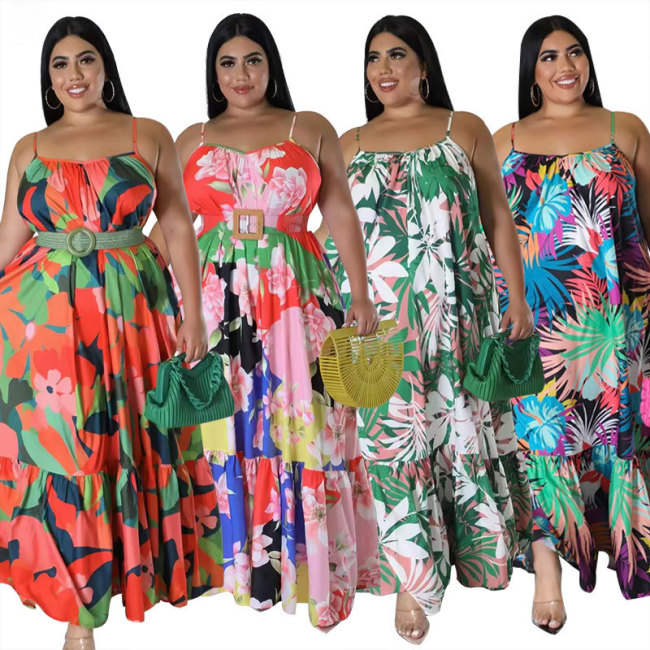 Plus Size Print Cami Ruffles Loose Long Dress(without belt)