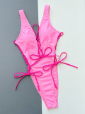 Pink Lace Up One-piece Bikini Swimsuit
