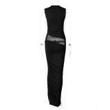 Sexy Mesh Patchwork Ruched Slit Sleeveless Maxi Dress