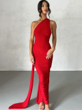 Pure Color Sexy Backless Ruched One Shoulder Chic Maxi Dress