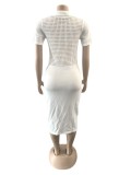 Solid V-neck Short sleeve Hollow Out Knitting Midi Dress