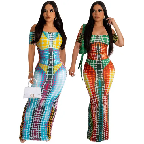 Print Short Sleeve Off Shoulder Slim Fit Maxi Dress