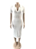 Solid V-neck Short sleeve Hollow Out Knitting Midi Dress