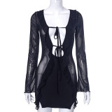 Ruffle Long Sleeve Lace-Up Mesh Patchwork Print Bodycon Dress