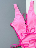 Pink Lace Up One-piece Bikini Swimsuit