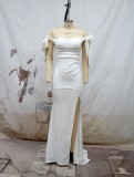 White Off Shoulder Slit Trailing Evening Dress
