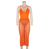 Sexy Beachwear Straps Crotch Patchwork Bodysuit Top & Hollow Knitted Skirt 2PCS Set
