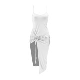 Solid Camisole Low Back Drawstring Slit Slim Long Dress