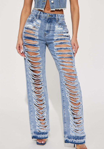 Sexy Little Stretch Ripped Holes Wide Leg Fashion Jeans