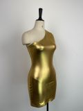 Sexy Slash Shoulder Metallic Shiny Sleeveless Bodycon Dress