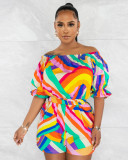 Colorful Print Off Shoulder Casual Rompers