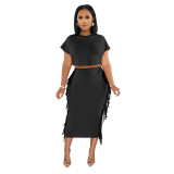 Solid Tassel O-Neck Short Sleeve Crop Top and Long Skirt 2PCS Set