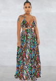 Fashion Printed Halter O-Ring Cut Out Sleeveless Maxi Dress