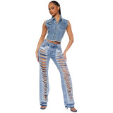 Sexy Little Stretch Ripped Holes Wide Leg Fashion Jeans