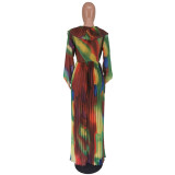 Colorful V-Neck Ruffle Pleated A-Line Maxi Dress